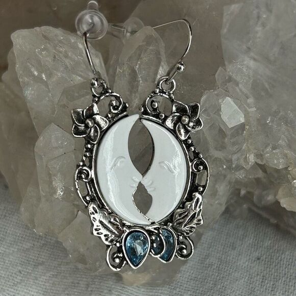 Silver Moon Face Filigree Floral Blue Stone Dangle Earrings - Picture 2 of 5